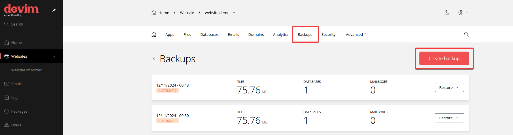 לשונית Backups